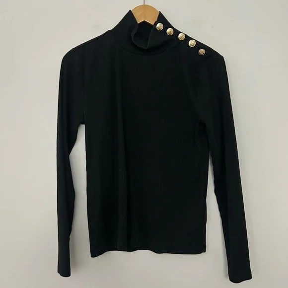 J.Crew Black Vintage Ribbed Turtleneck with Gold Buttons - Picture 2 of 7